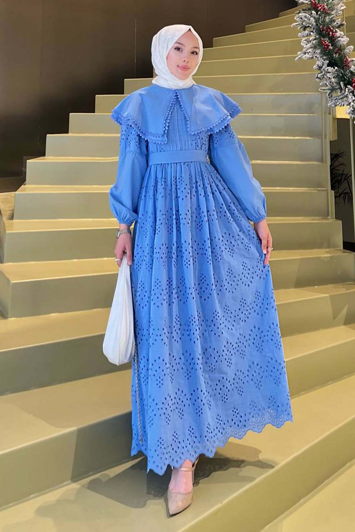 BNG Women Yaka Detaylı Dantelli Elbise Mavi 1421 - Suresnes