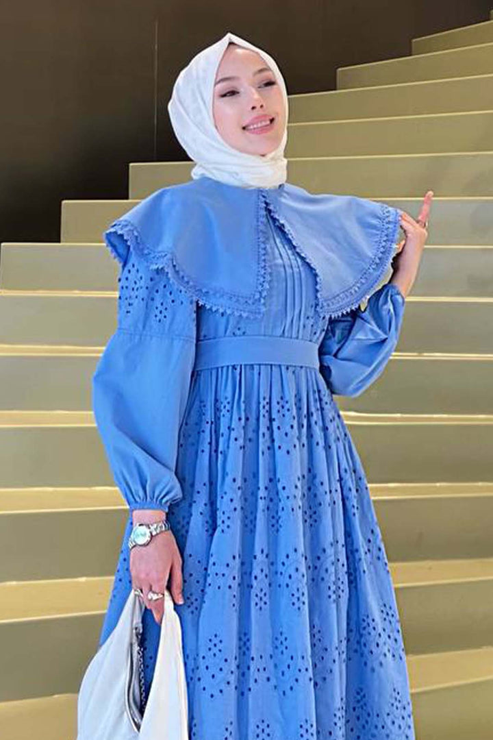 BNG Women Yaka Detaylı Dantelli Elbise Mavi 1421 - Suresnes