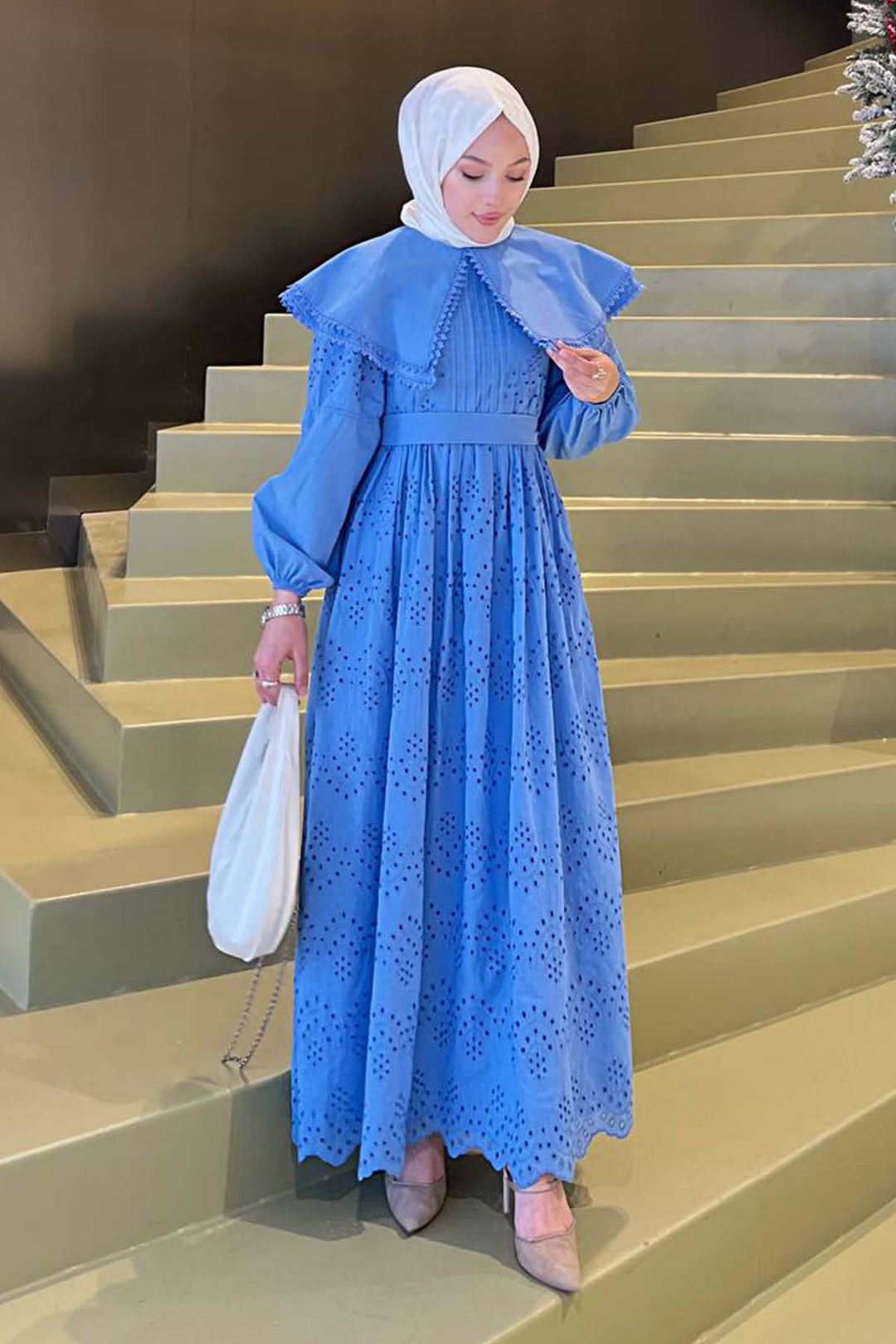 BNG Women Yaka Detaylı Dantelli Elbise Mavi 1421 - Suresnes