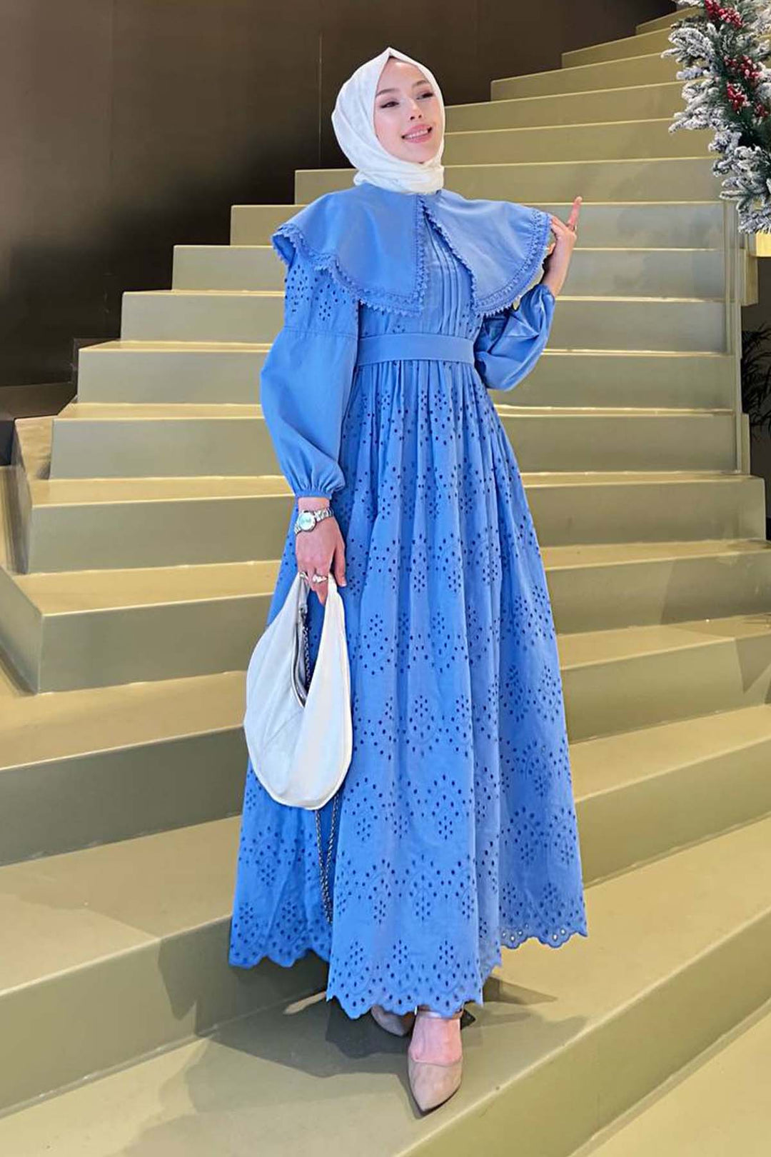 BNG Women Yaka Detaylı Dantelli Elbise Mavi 1421 - Suresnes