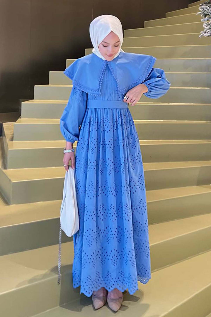 BNG Women Yaka Detaylı Dantelli Elbise Mavi 1421 - Suresnes