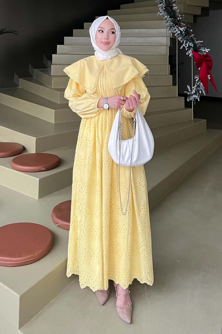 BNG Women Yaka Detaylı Dantelli Elbise Sarı 1421 - Actopan