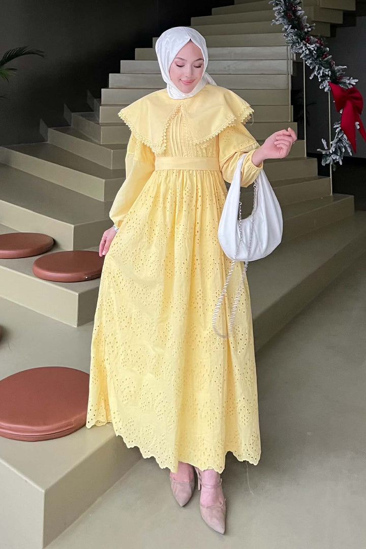 BNG Women Yaka Detaylı Dantelli Elbise Sarı 1421 - Actopan