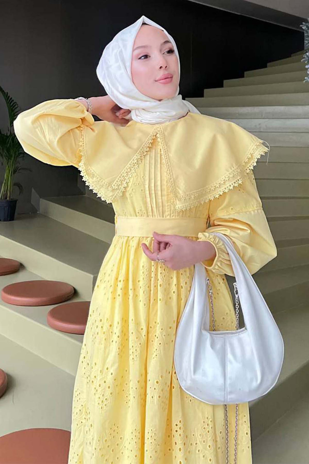 BNG Women Yaka Detaylı Dantelli Elbise Sarı 1421 - Actopan