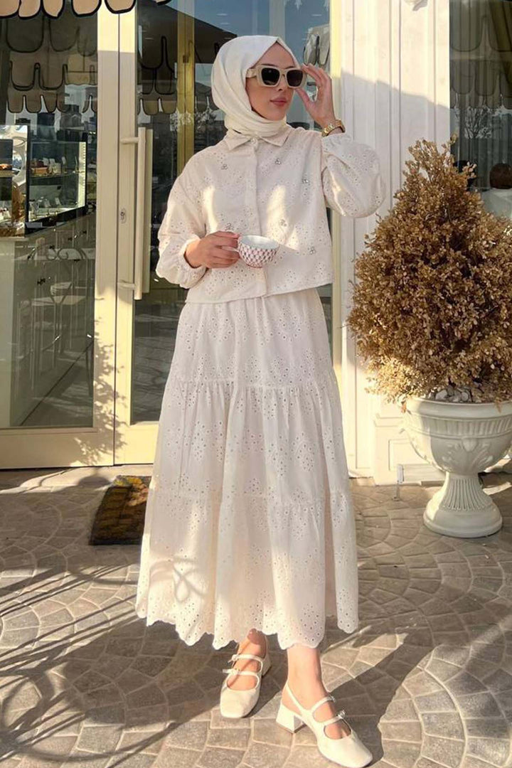 BNG Women Taş Detaylı Fisto Etekli Takım Krem 1427 - Dornbirn