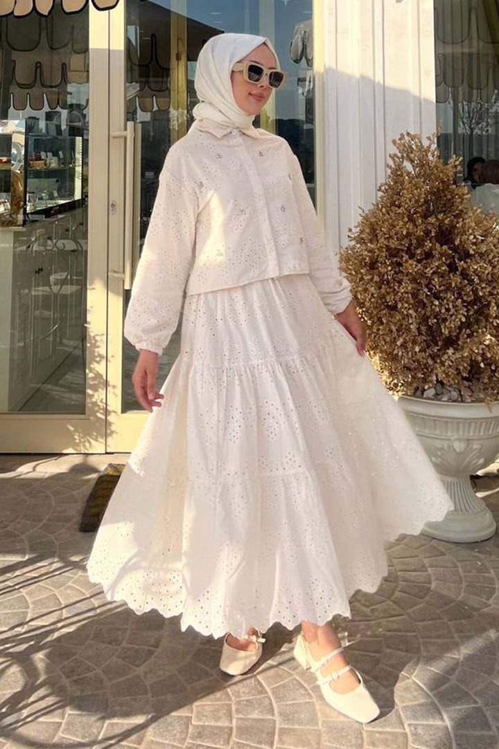 BNG Women Taş Detaylı Fisto Etekli Takım Krem 1427 - Dornbirn