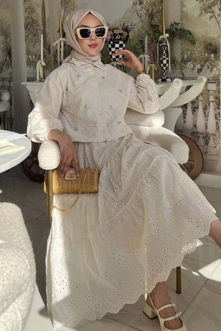 BNG Women Taş Detaylı Fisto Etekli Takım Krem 1427 - Dornbirn