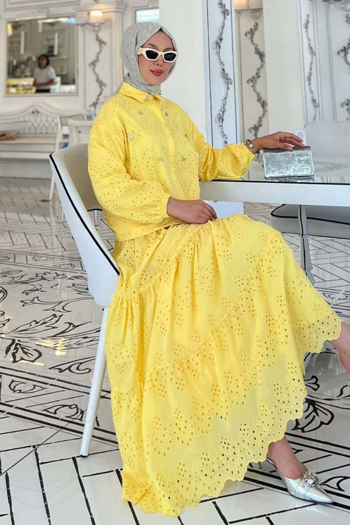 BNG Women Taş Detaylı Fisto Etekli Takım Sarı 1427 - Papantla de Olarte