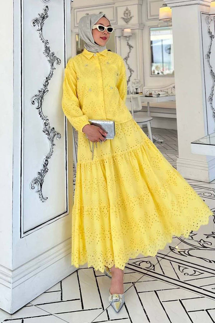 BNG Women Taş Detaylı Fisto Etekli Takım Sarı 1427 - Papantla de Olarte