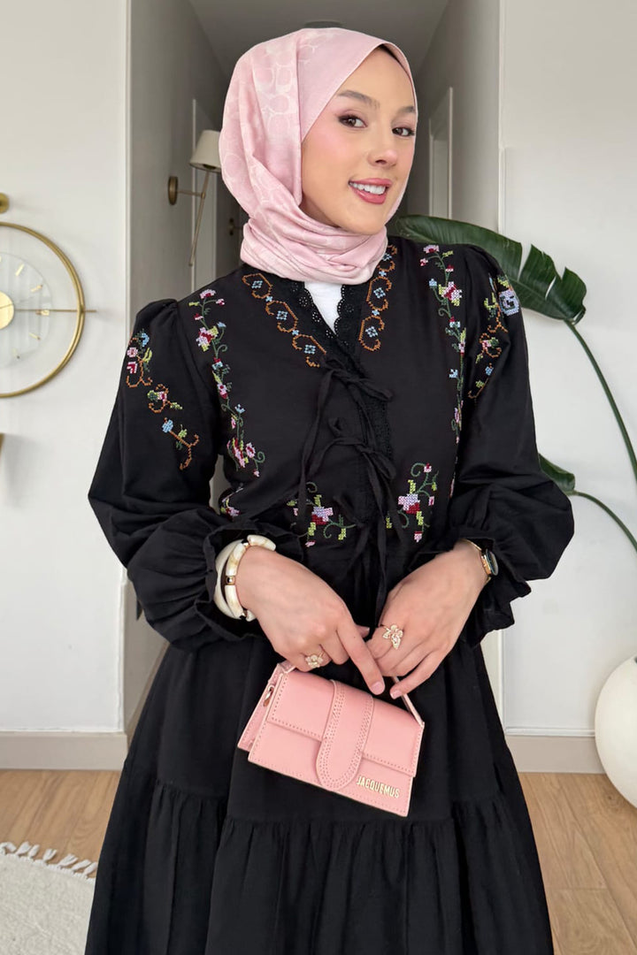 BNG Women Nakışlı Tesettür Elbise A2031 Siyah - Le Mans