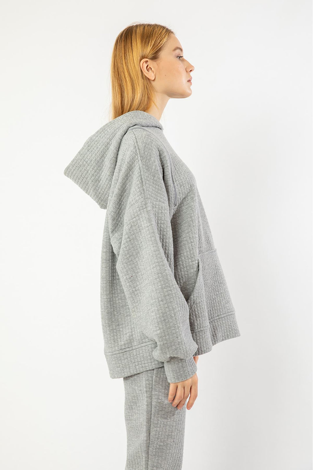 KKT Quilted Fabric Hooded Hip Height Oversize Zip Detailed Women Sweatshirt - Grey - Hamilton
