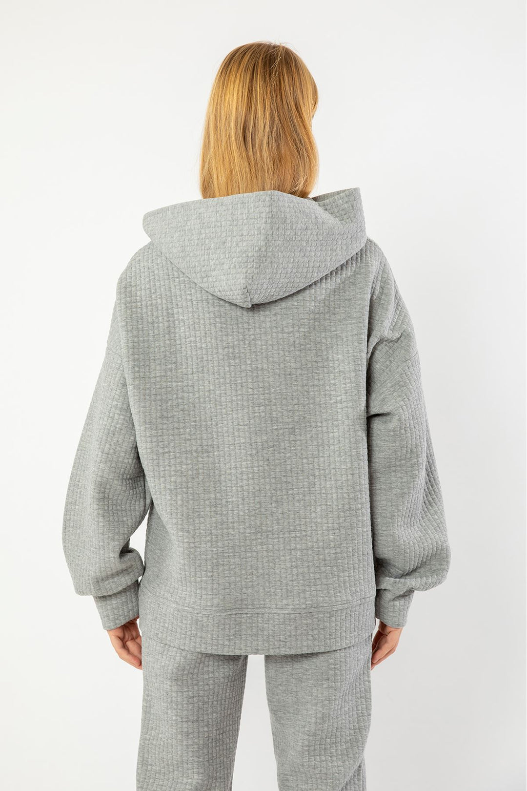 KKT Quilted Fabric Hooded Hip Height Oversize Zip Detailed Women Sweatshirt - Grey - Hamilton