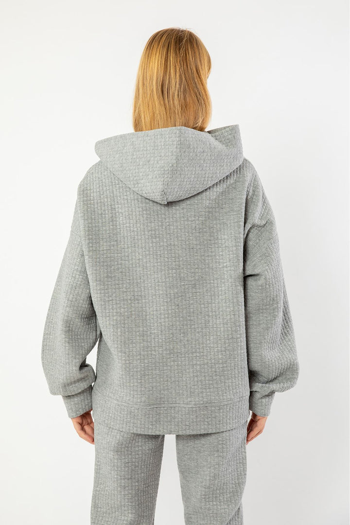 KKT Quilted Fabric Hooded Hip Height Oversize Zip Detailed Women Sweatshirt - Grey - Hamilton