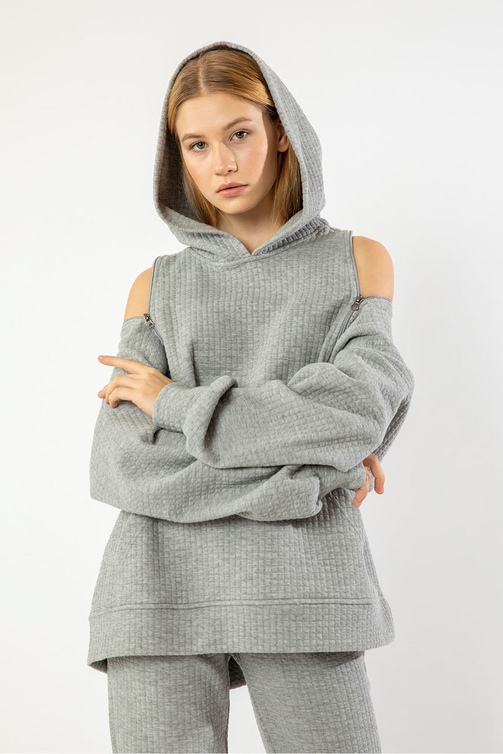 KKT Quilted Fabric Hooded Hip Height Oversize Zip Detailed Women Sweatshirt - Grey - Hamilton