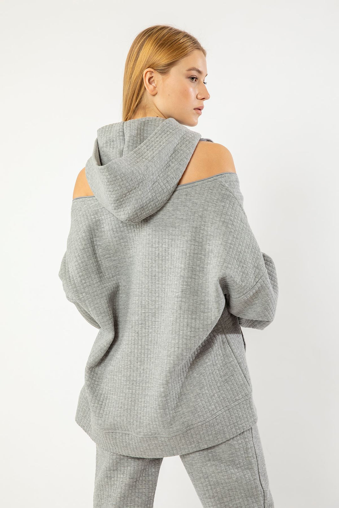 KKT Quilted Fabric Hooded Hip Height Oversize Zip Detailed Women Sweatshirt - Grey - Hamilton