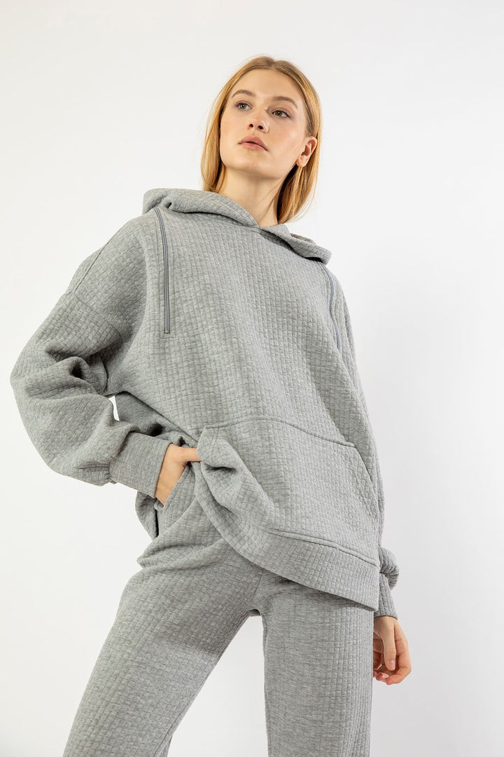 KKT Quilted Fabric Hooded Hip Height Oversize Zip Detailed Women Sweatshirt - Grey - Hamilton