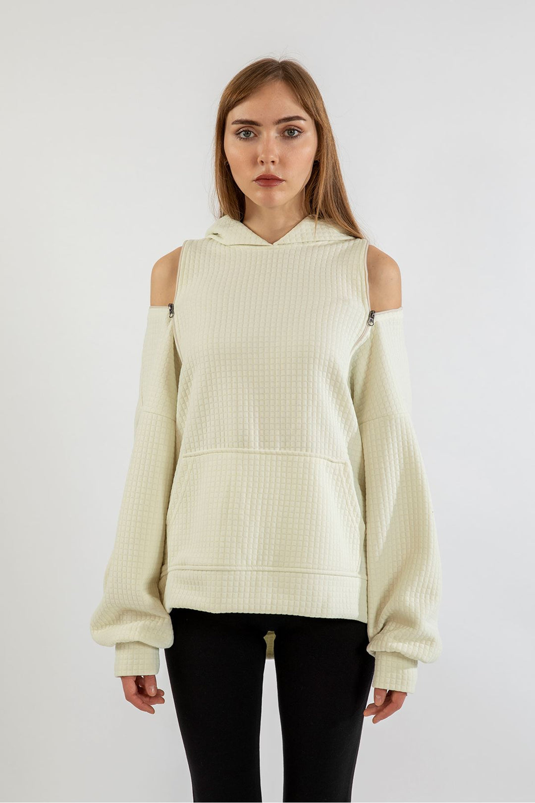 KKT Quilted Fabric Hooded Hip Height Oversize Zip Detailed Women Sweatshirt - Ecru - Burgos