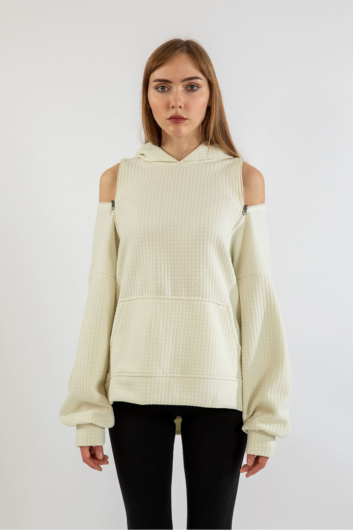 KKT Quilted Fabric Hooded Hip Height Oversize Zip Detailed Women Sweatshirt - Ecru - Burgos