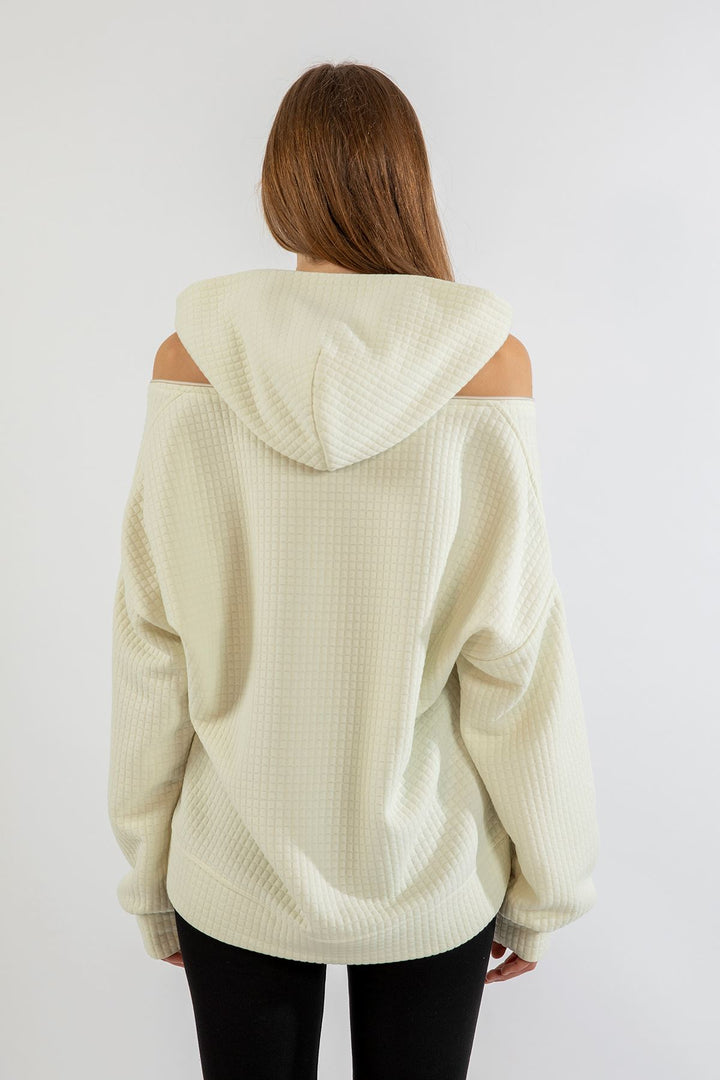 KKT Quilted Fabric Hooded Hip Height Oversize Zip Detailed Women Sweatshirt - Ecru - Burgos