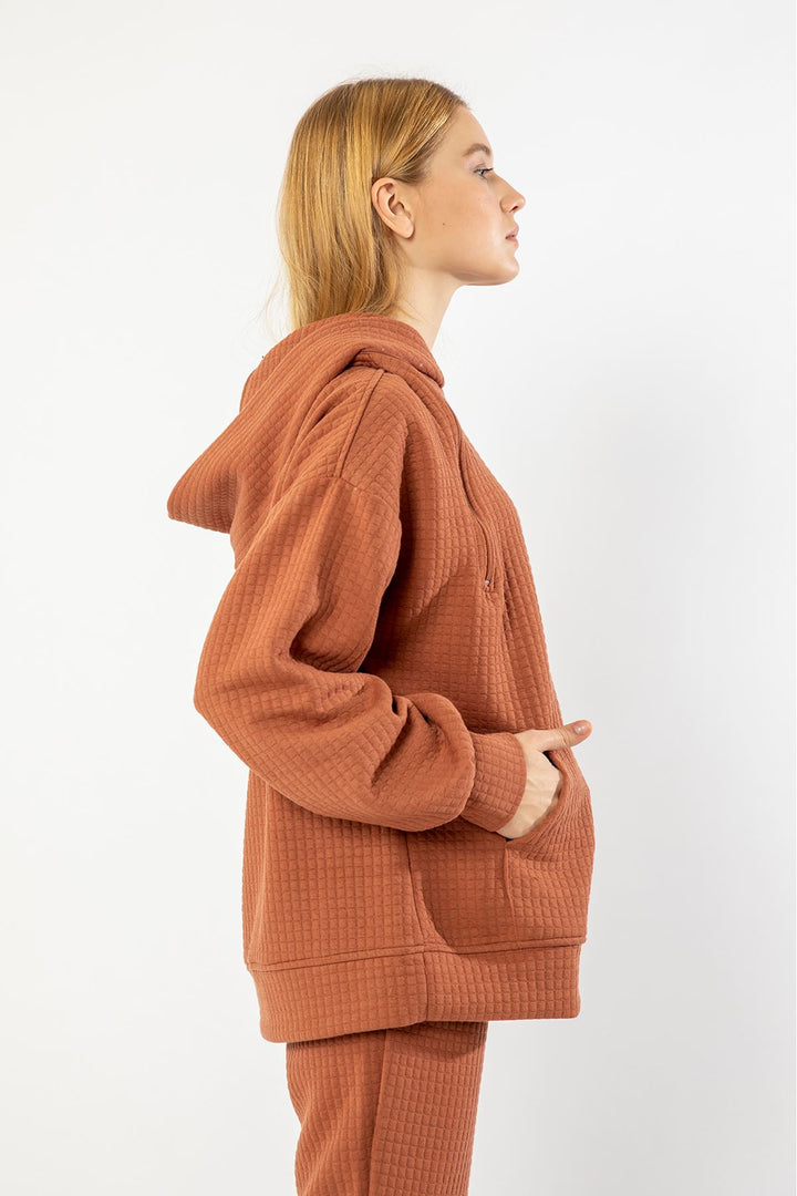 KKT Quilted Fabric Hooded Hip Height Oversize Zip Detailed Women Sweatshirt - Brick  - Castrop-Rauxel