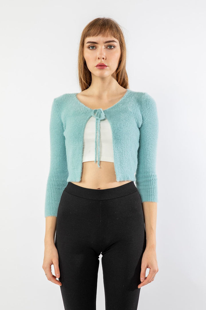 KKT Knitwear Fabric Lacing Women Cardigan - Light Blue - Bologna