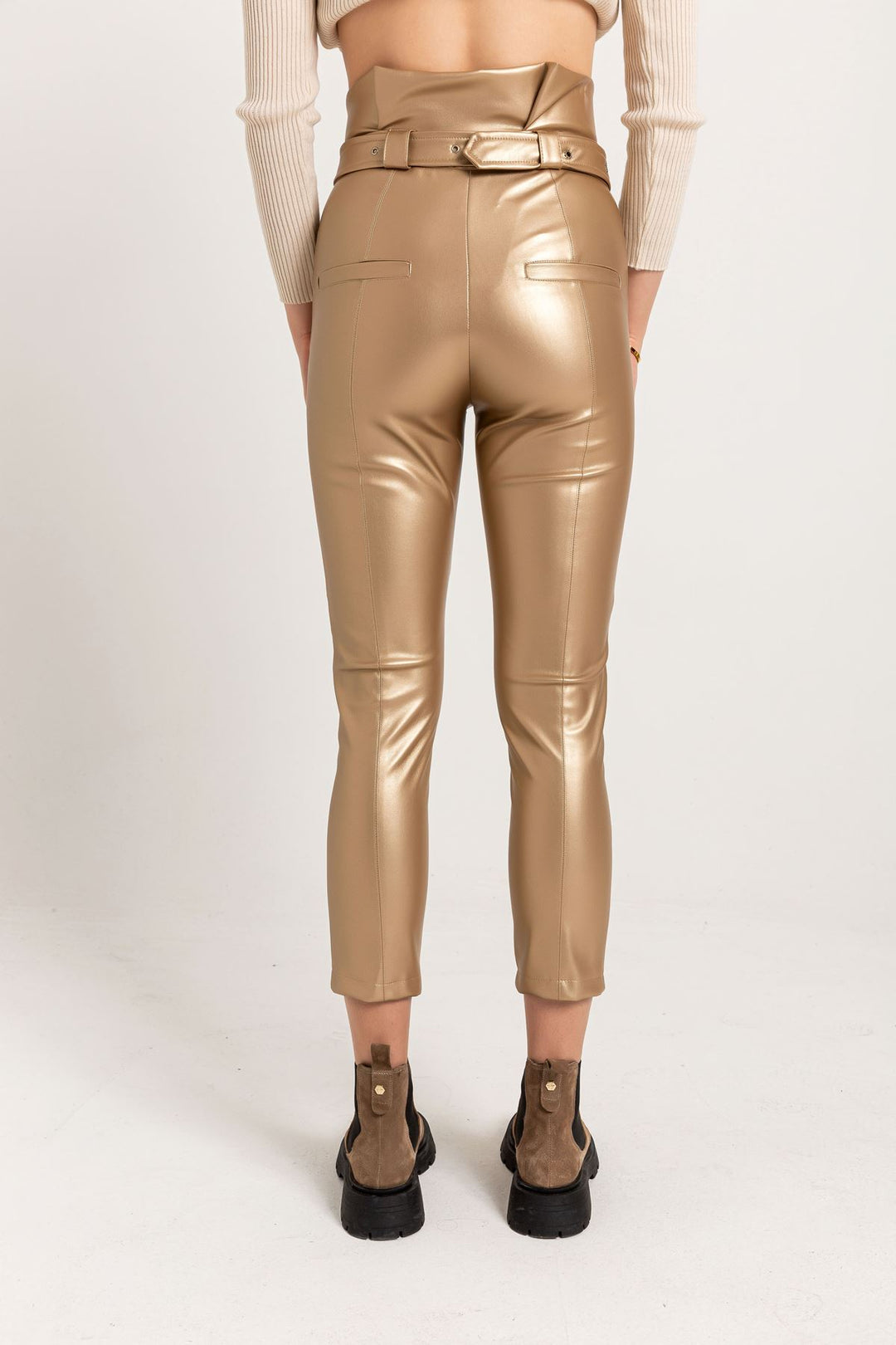 KKT Leather Fabric Long Tigth Fit High Waist Belt Women Trouser-Gold - Baytown