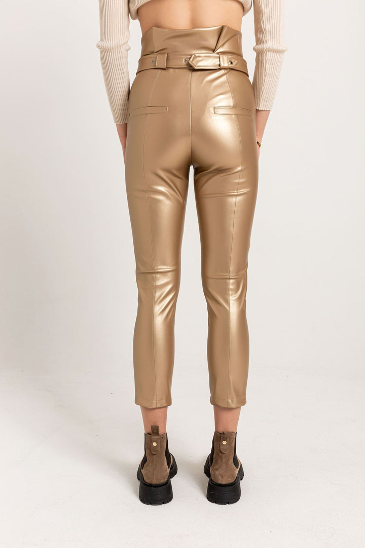 KKT Leather Fabric Long Tigth Fit High Waist Belt Women Trouser-Gold - Baytown