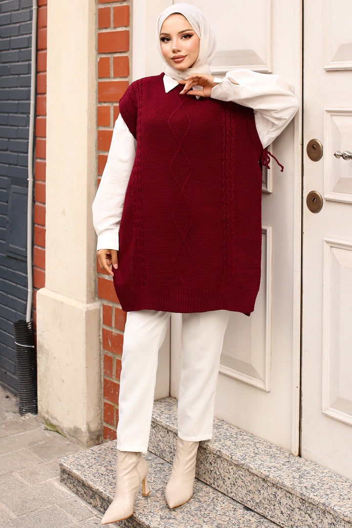 BNG Women Burgundy Sweater with Cable Knit Motif on the Sides - Clermont