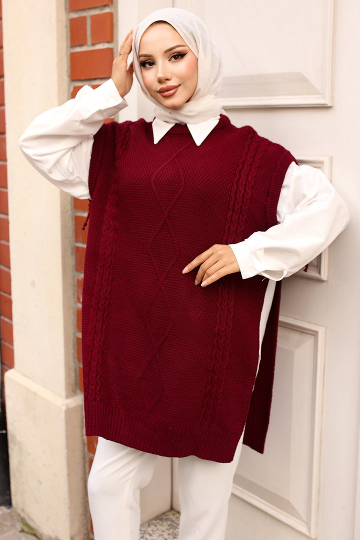 BNG Women Burgundy Sweater with Cable Knit Motif on the Sides - Clermont
