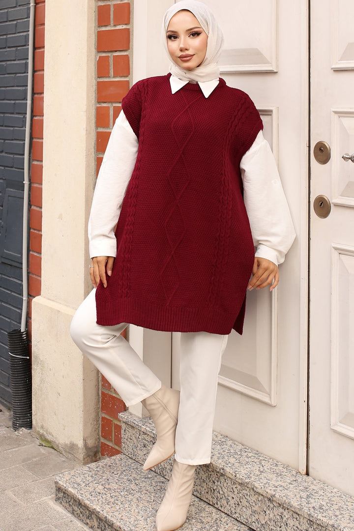 BNG Women Burgundy Sweater with Cable Knit Motif on the Sides - Clermont