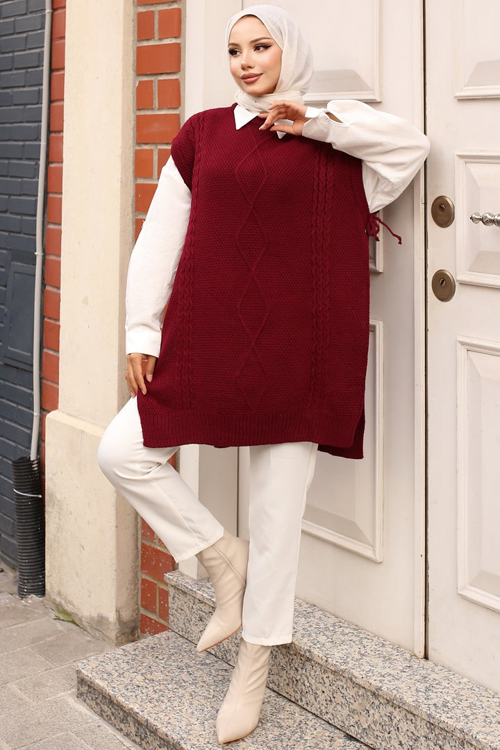 BNG Women Burgundy Sweater with Cable Knit Motif on the Sides - Clermont