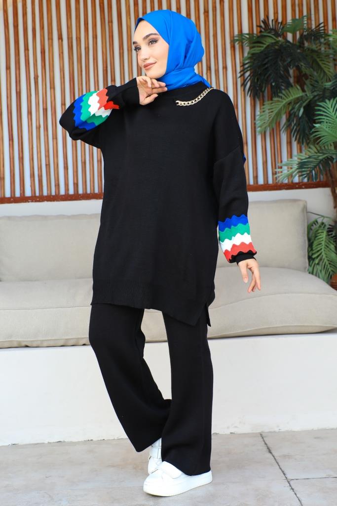 BNG Women -90 Necklace Detailed Sleeves Patterned Knitwear Set Black - Clermont