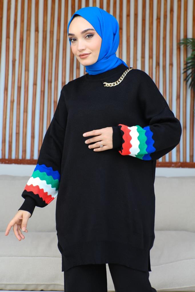 BNG Women -90 Necklace Detailed Sleeves Patterned Knitwear Set Black - Clermont