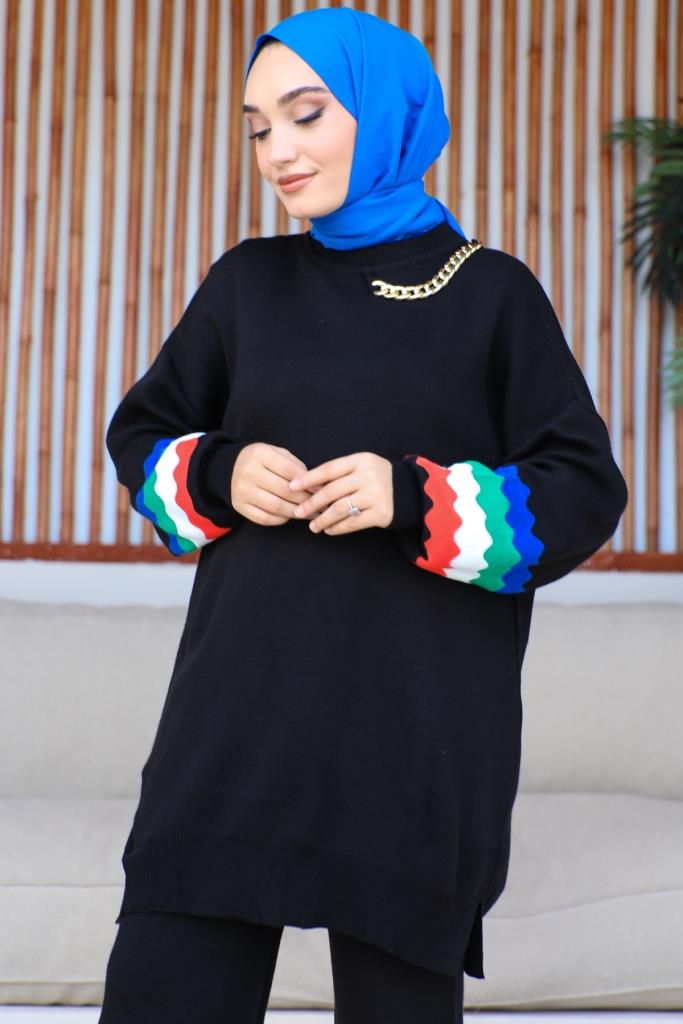 BNG Women -90 Necklace Detailed Sleeves Patterned Knitwear Set Black - Clermont