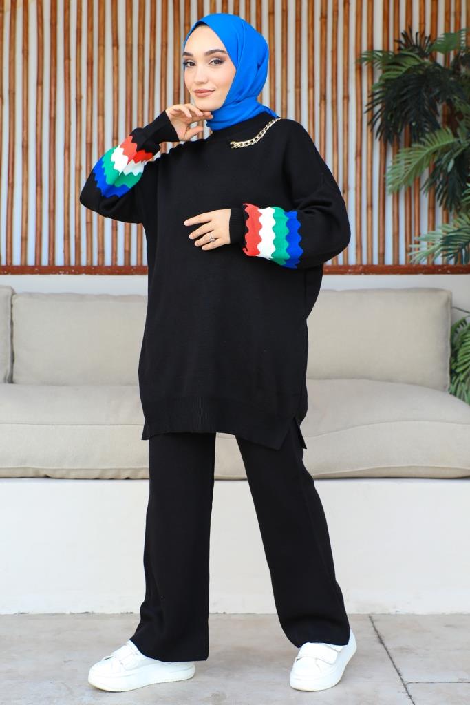BNG Women -90 Necklace Detailed Sleeves Patterned Knitwear Set Black - Clermont