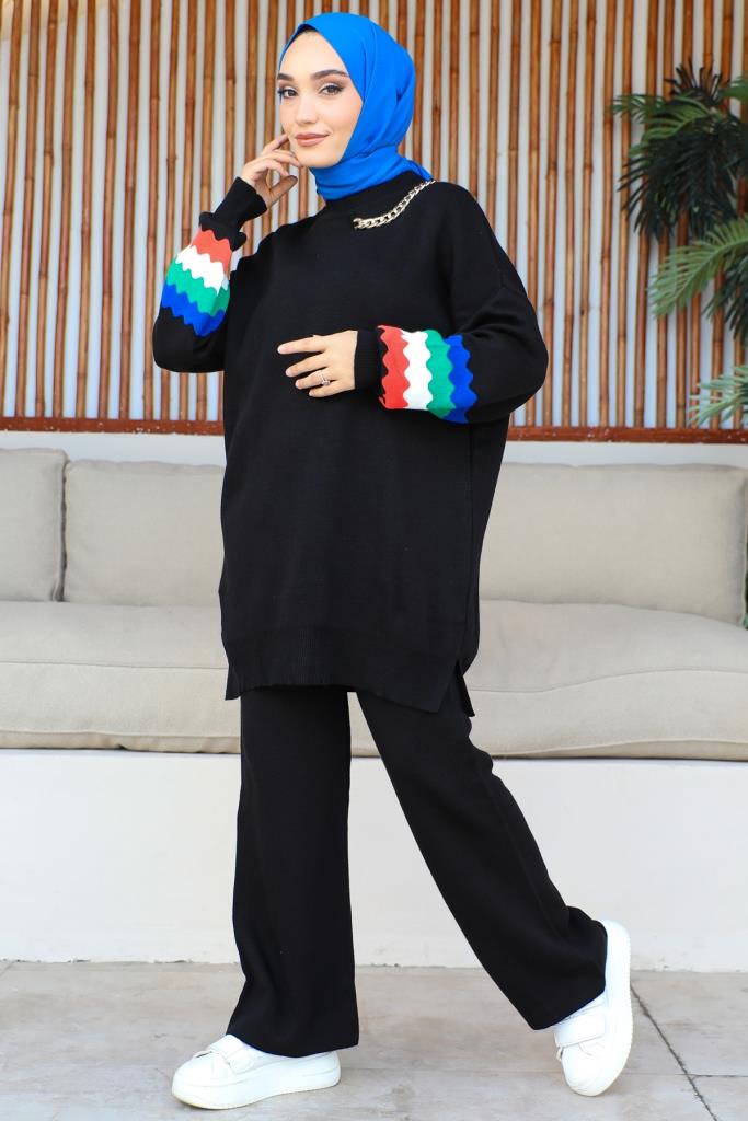BNG Women -90 Necklace Detailed Sleeves Patterned Knitwear Set Black - Clermont