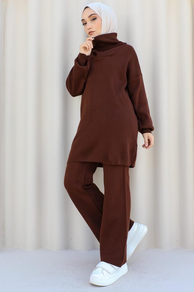 BNG Women 0 Neck Zipper Detailed Knitwear Set Brown - Clermont