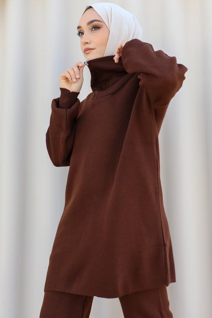 BNG Women 0 Neck Zipper Detailed Knitwear Set Brown - Clermont