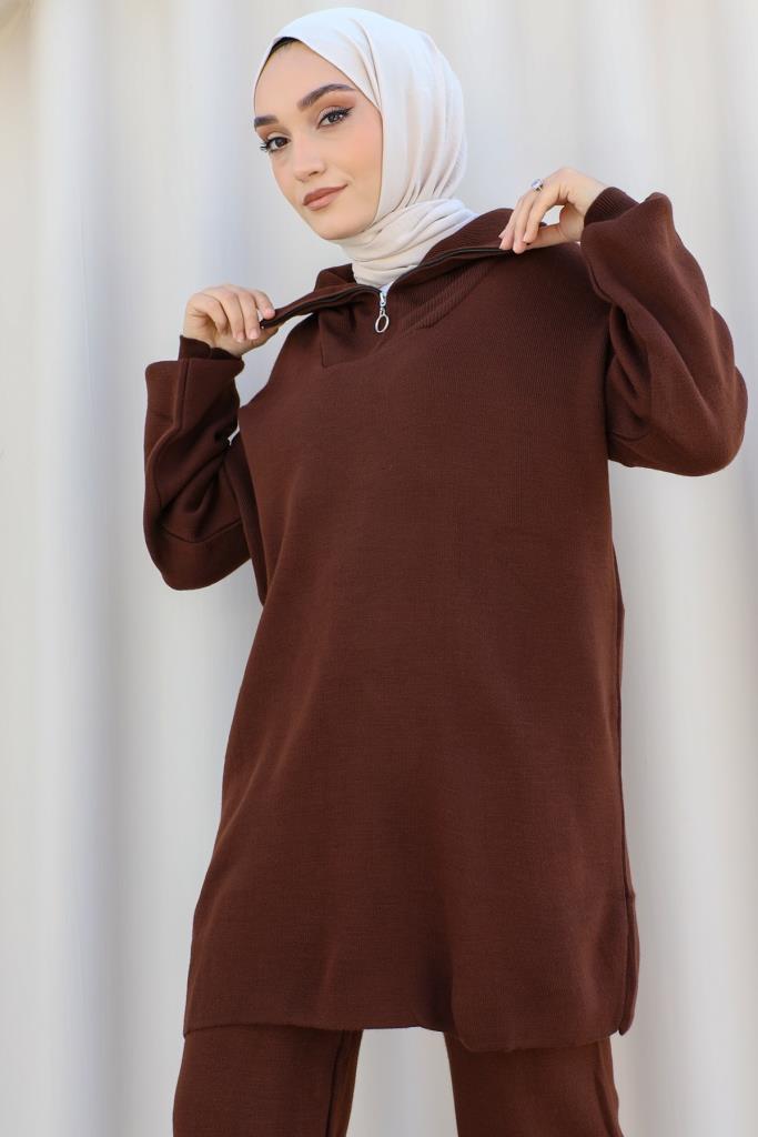 BNG Women 0 Neck Zipper Detailed Knitwear Set Brown - Clermont