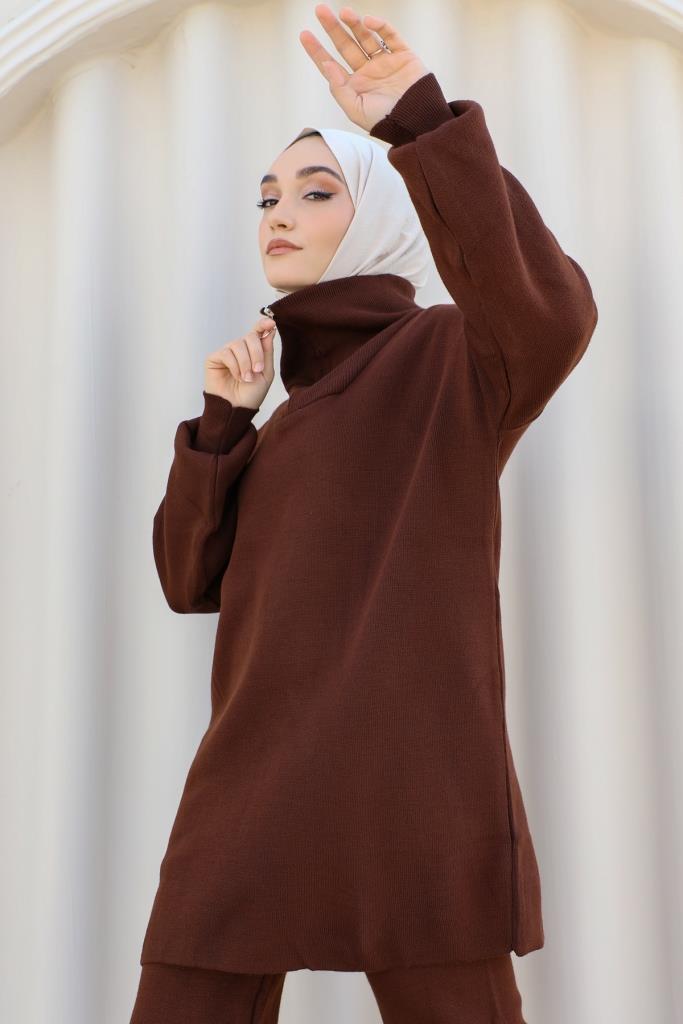BNG Women 0 Neck Zipper Detailed Knitwear Set Brown - Clermont