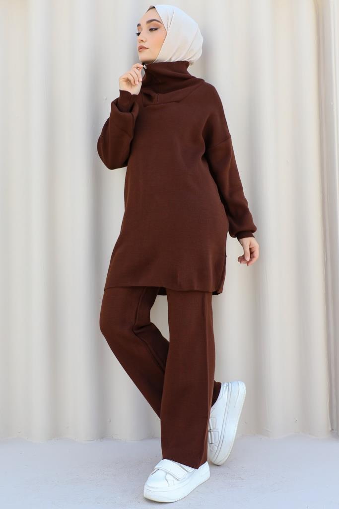 BNG Women 0 Neck Zipper Detailed Knitwear Set Brown - Clermont