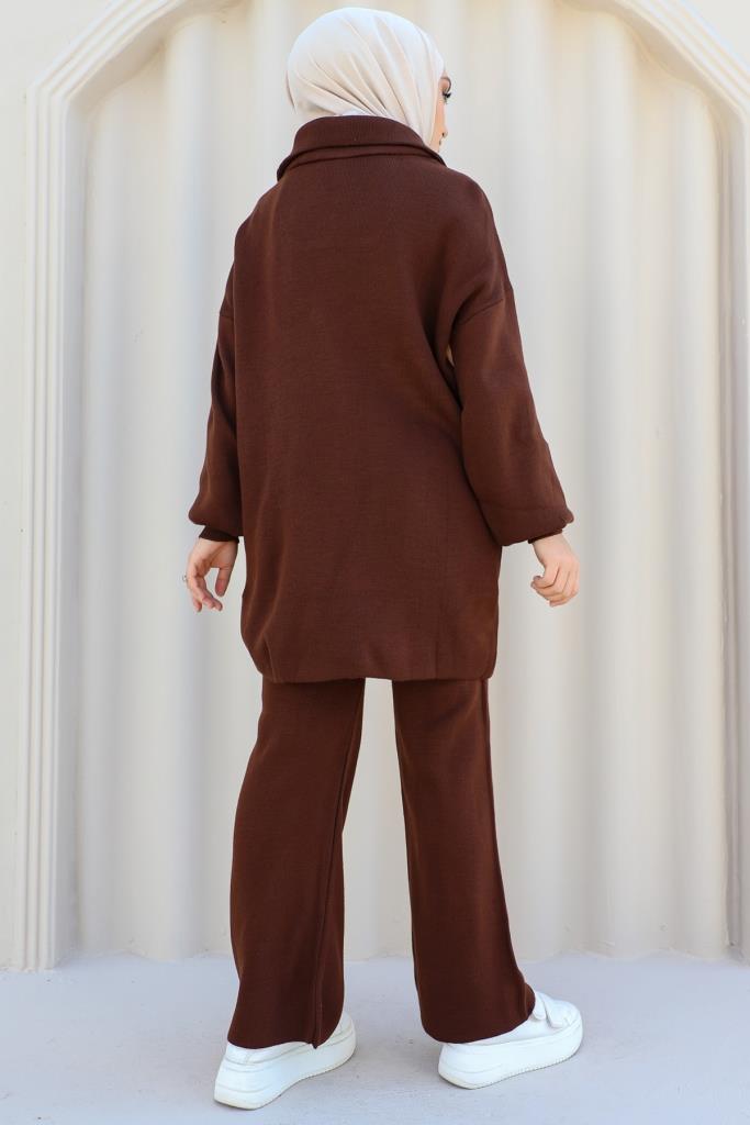 BNG Women 0 Neck Zipper Detailed Knitwear Set Brown - Clermont
