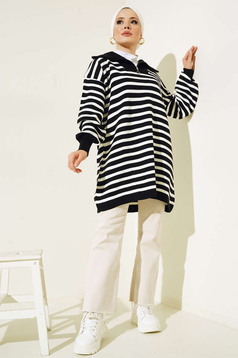 BNG Women -03 Collar Zippered Striped Knit Tunic Black - Clermont