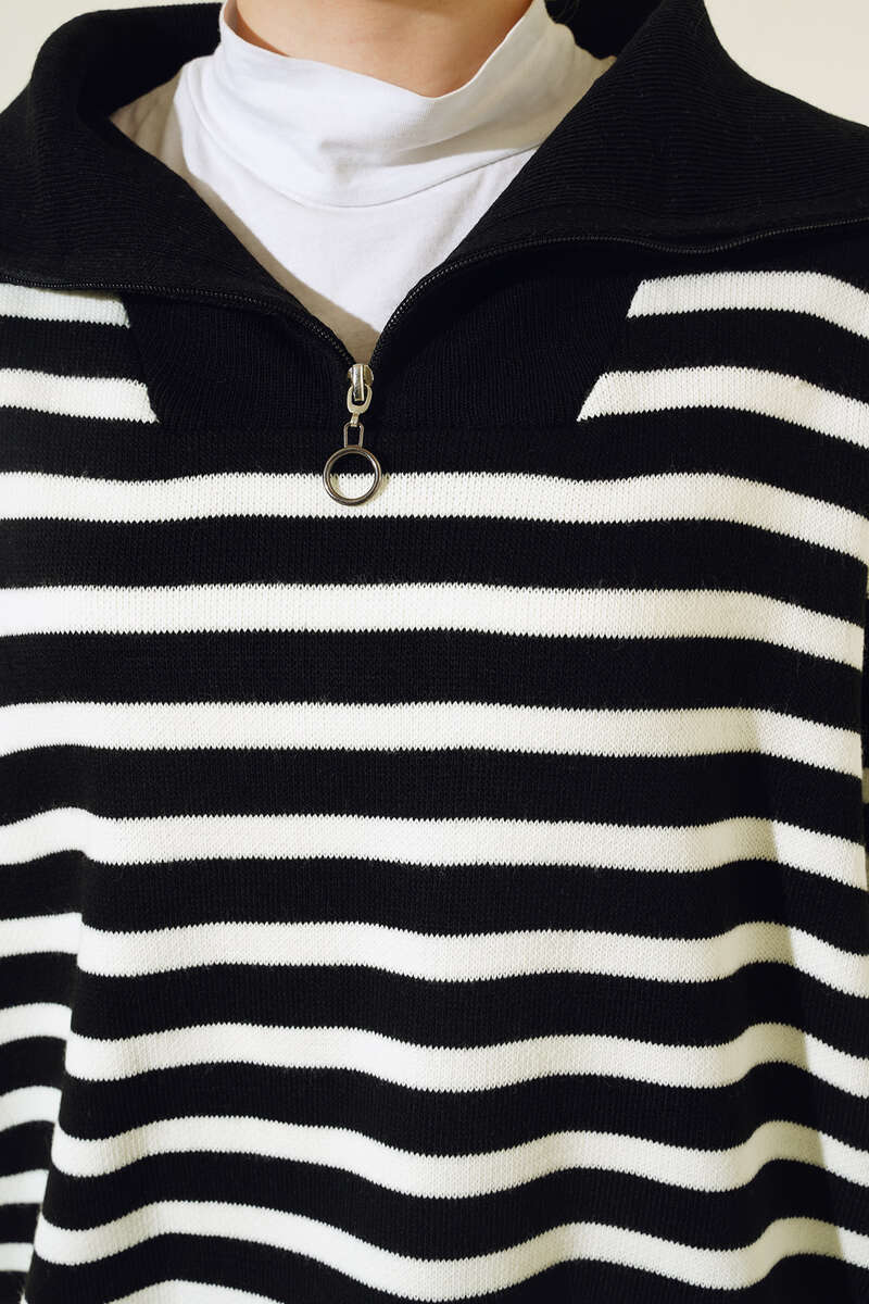 BNG Women -03 Collar Zippered Striped Knit Tunic Black - Clermont
