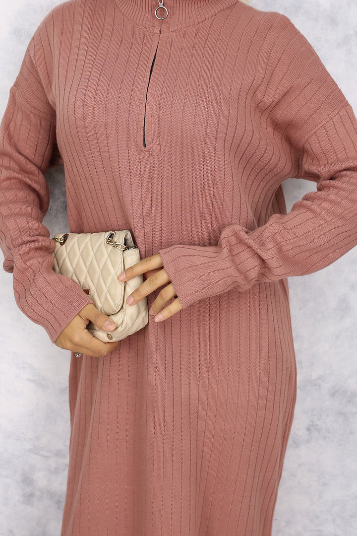 BNG Women Neck Zippered Ribbed Long Knit Dress Rose Pink - Norderstedt