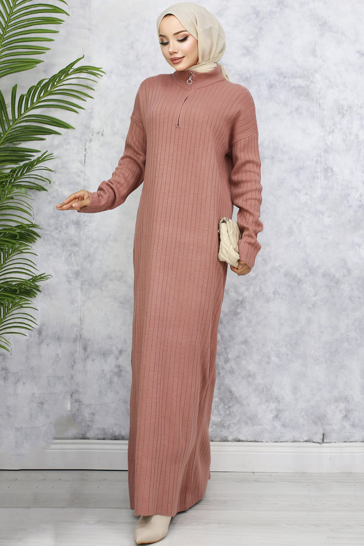 BNG Women Neck Zippered Ribbed Long Knit Dress Rose Pink - Norderstedt
