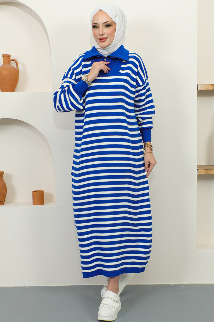 BNG Women Striped Sweater Dress with Zipper Collar Sax Blue - Clermont
