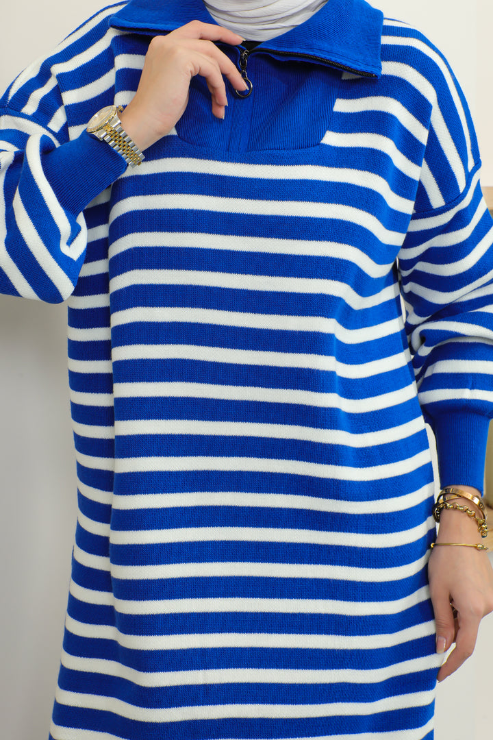 BNG Women Striped Sweater Dress with Zipper Collar Sax Blue - Clermont