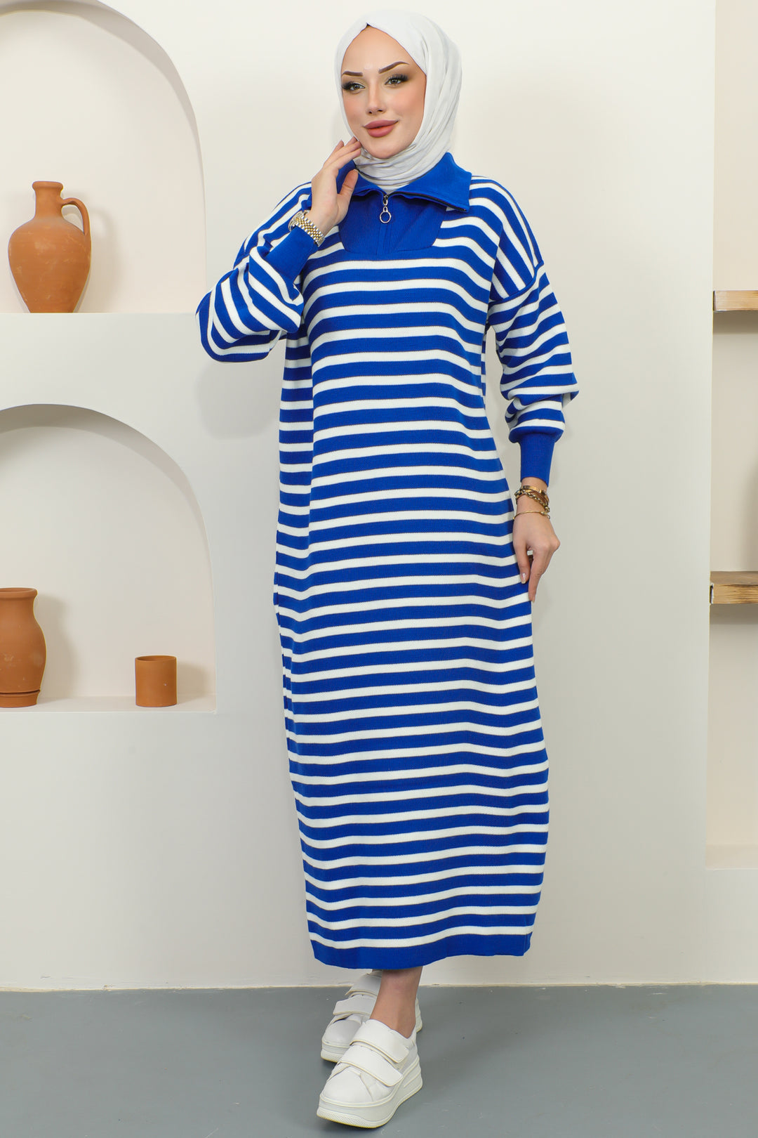 BNG Women Striped Sweater Dress with Zipper Collar Sax Blue - Clermont