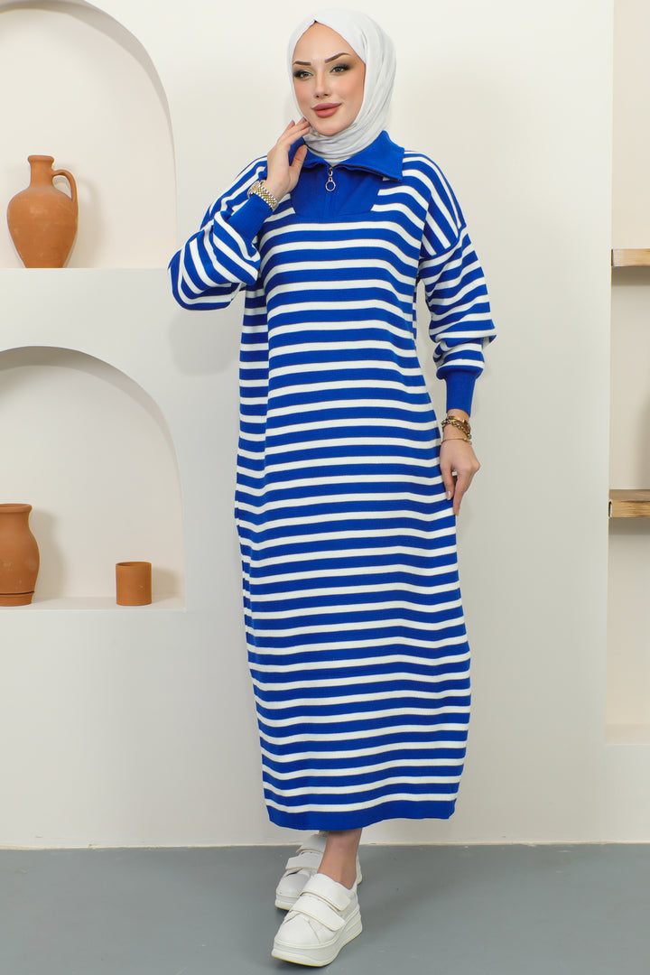 BNG Women Striped Sweater Dress with Zipper Collar Sax Blue - Clermont